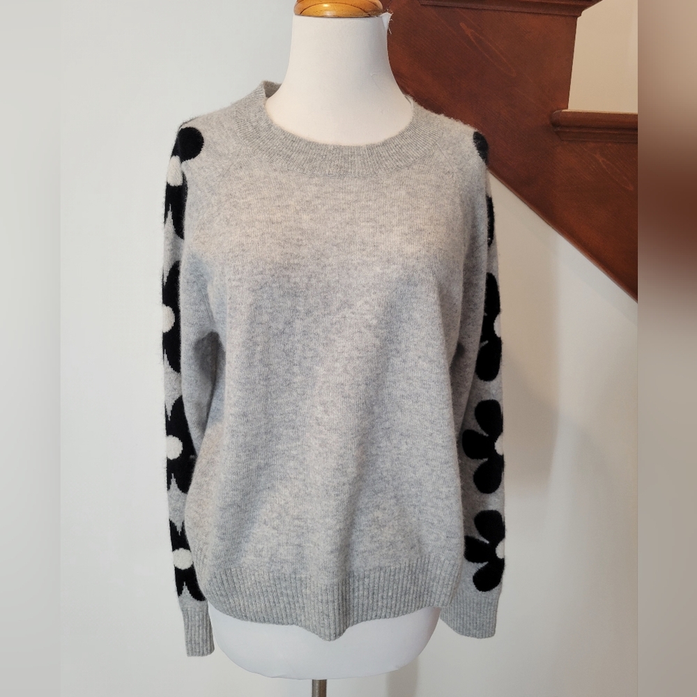 Cynthia Rowley 100% 2-ply Cashmere Floral Grey Sweater Size L New - Picture 3 of 6